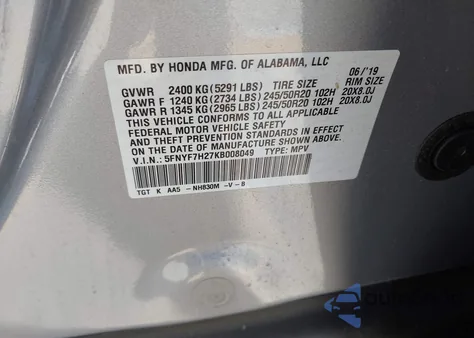 2019 Honda Passport Sport z USA, uszkodzony, nr VIN 5FNYF7H27KB008049